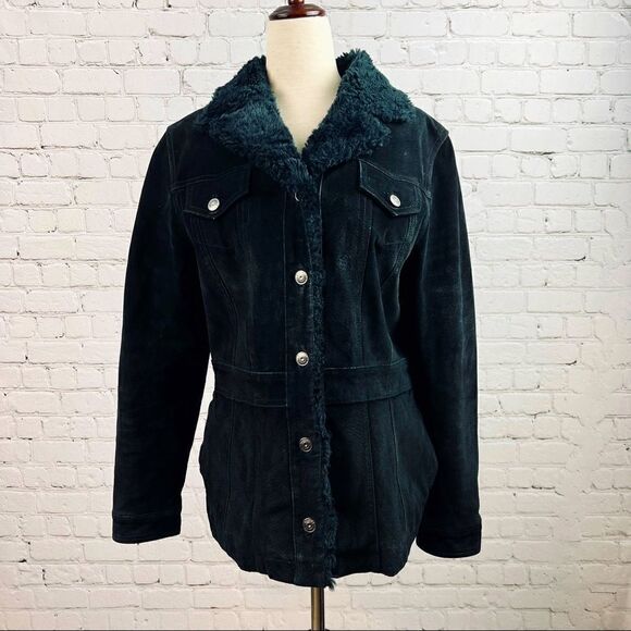 Vintage 90s Wilsons Leather Maxima Black Suede Sherpa Faux Fur Quilted Jacket - Picture 2 of 14
